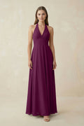 A-Line Pleated Chiffon V-Neck Bridesmaid Dress in Fig