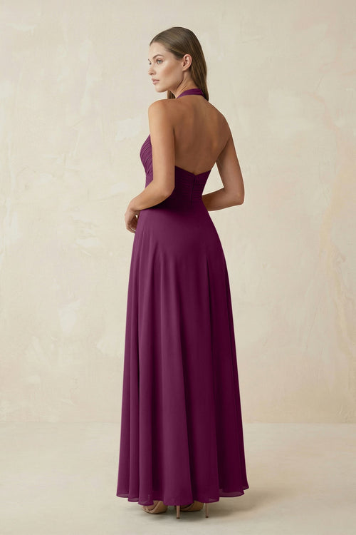 A-Line Pleated Chiffon V-Neck Bridesmaid Dress in Fig