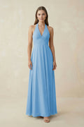 A-Line Pleated Chiffon V-Neck Bridesmaid Dress in Steel Blue