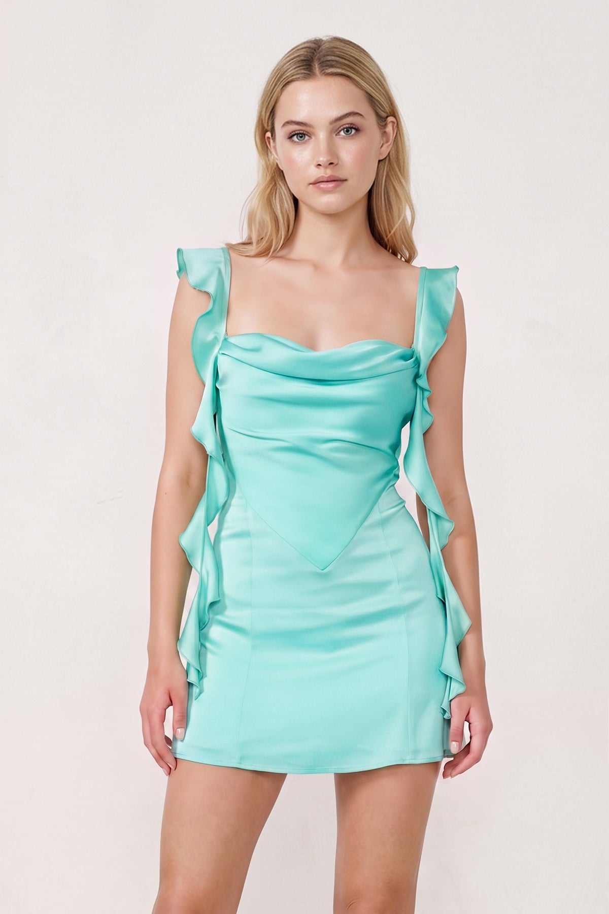 Aqua Ruffled Sheath Square Neck Satin Ruched Homecoming Dress
