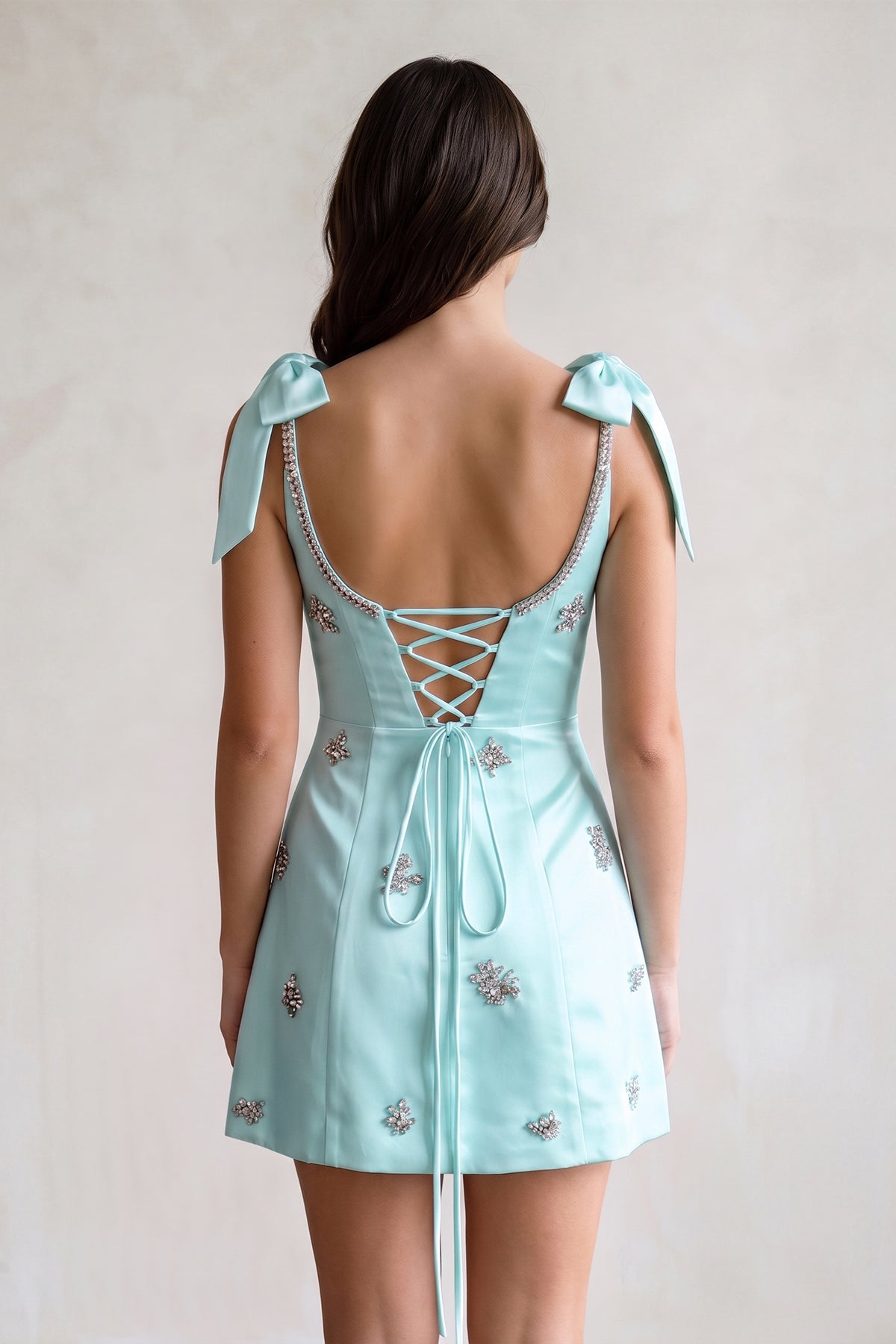 White Scoop Neck A-Line Satin Beaded Homecoming Dress with Bow