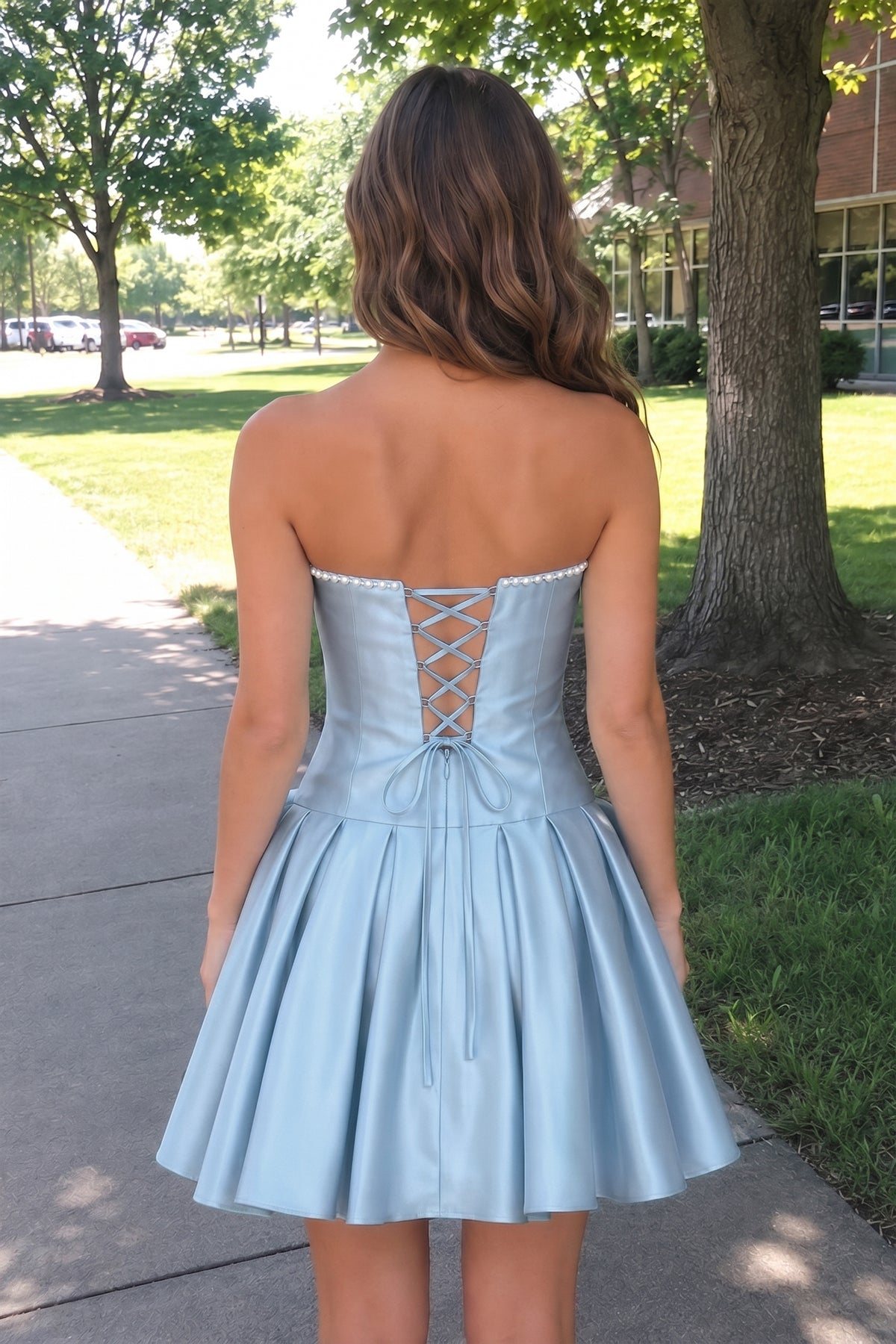 Aqua Strapless A-Line Satin Ruched Bow Homecoming Dress With Pearl