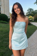 Aqua Strapless Appliqued Satin Sheath Homecoming Dress