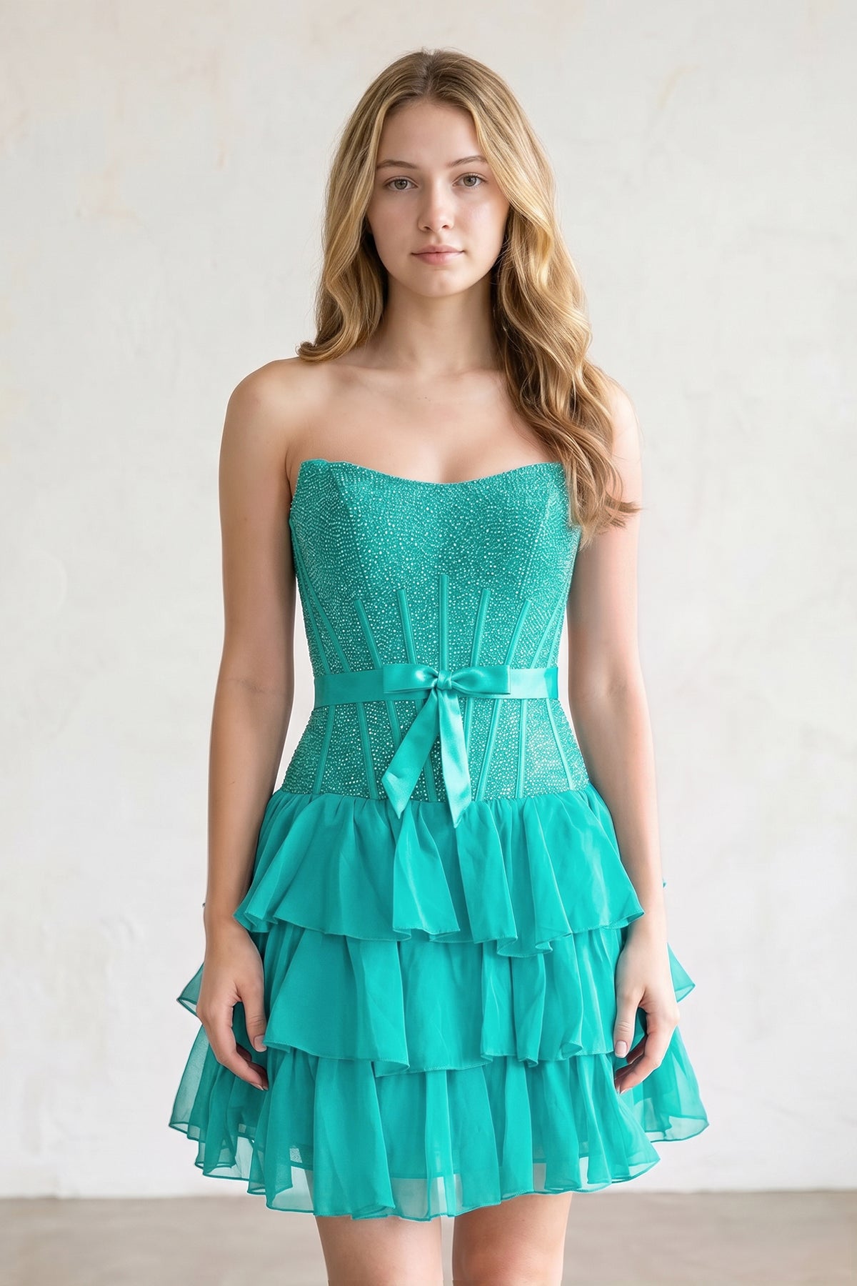 Black Beaded Corset Strapless Ruffled A-Line Homecoming Dress