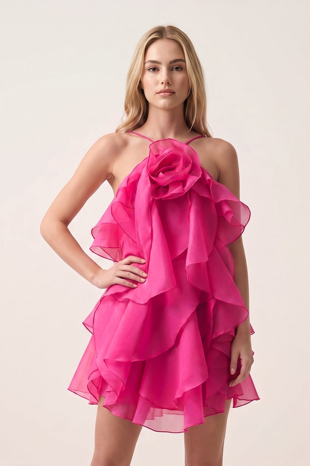 Coral Pink Ruffled Chiffon Halter Asymmetrical A-Line Homecoming Dress