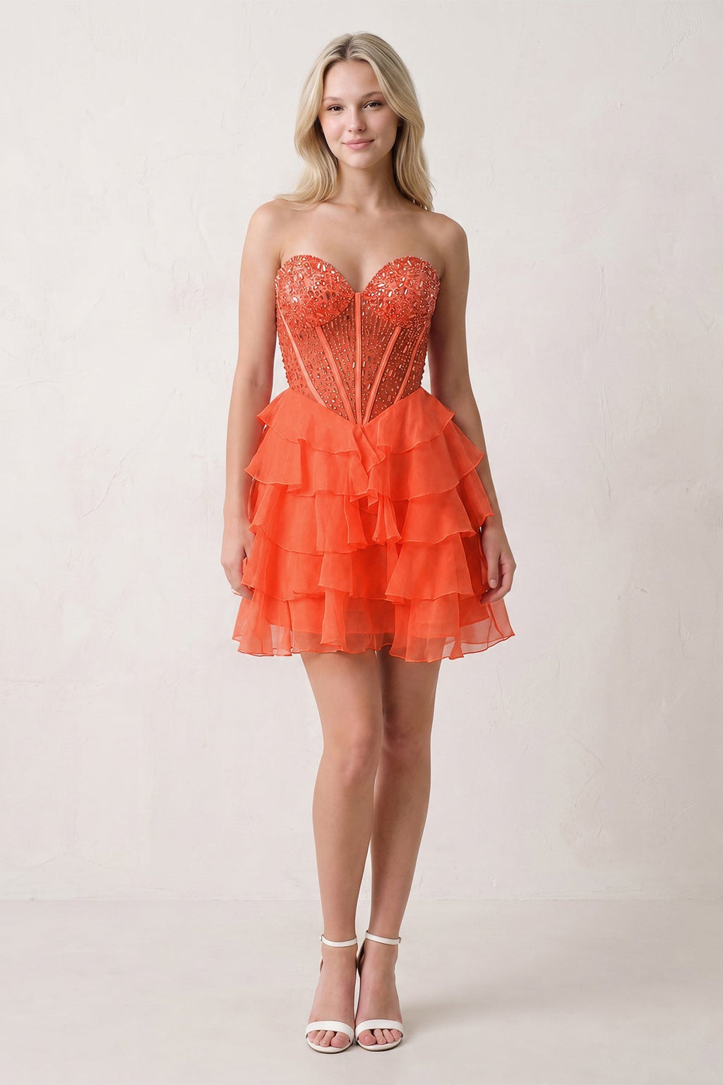 Coral Pink Sweetheart Tiered Ruffled A-Line Corset Chiffon Homecoming Dress