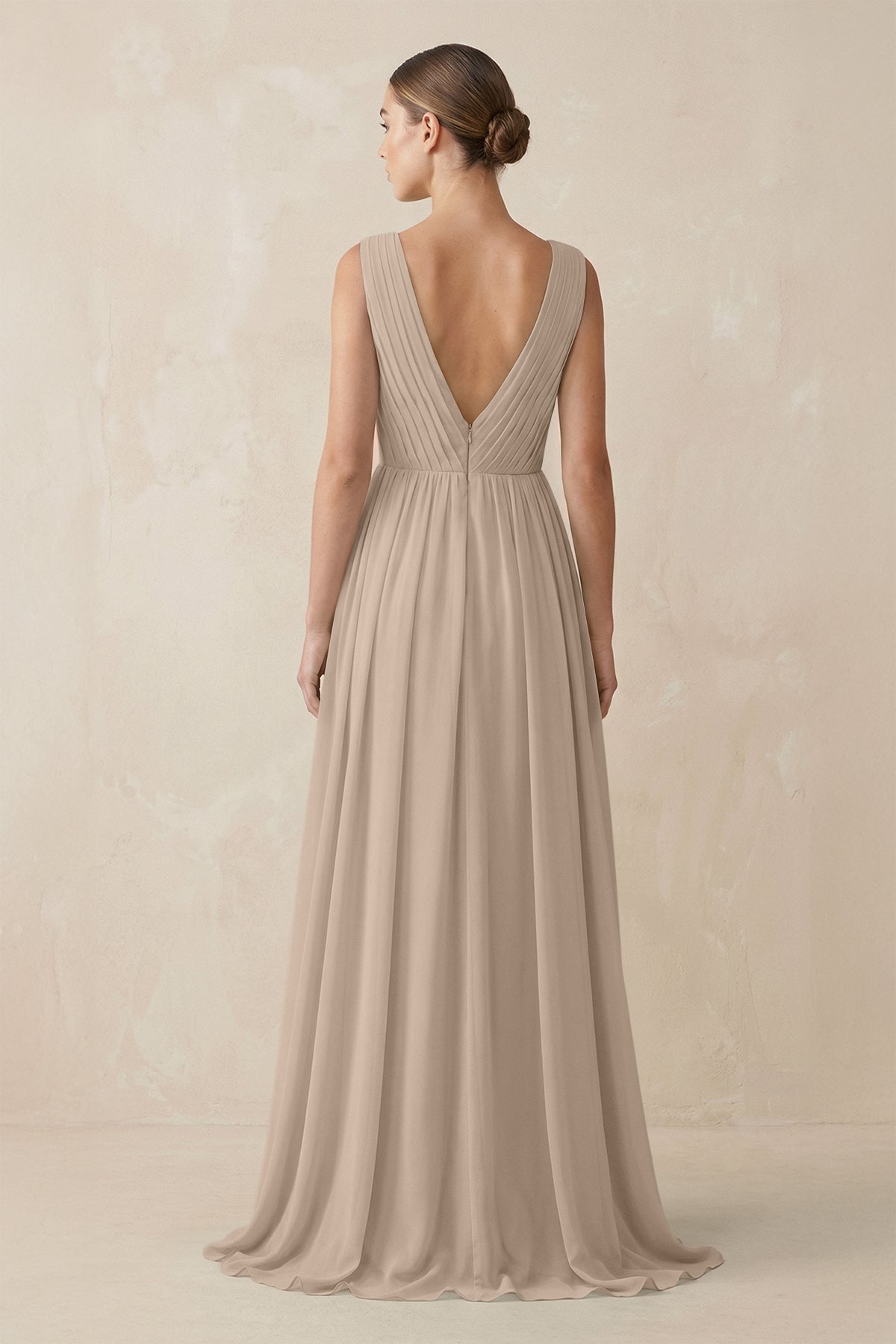 V-Neck Pleated A-Line Chiffon Bridesmaid Dress in Almond