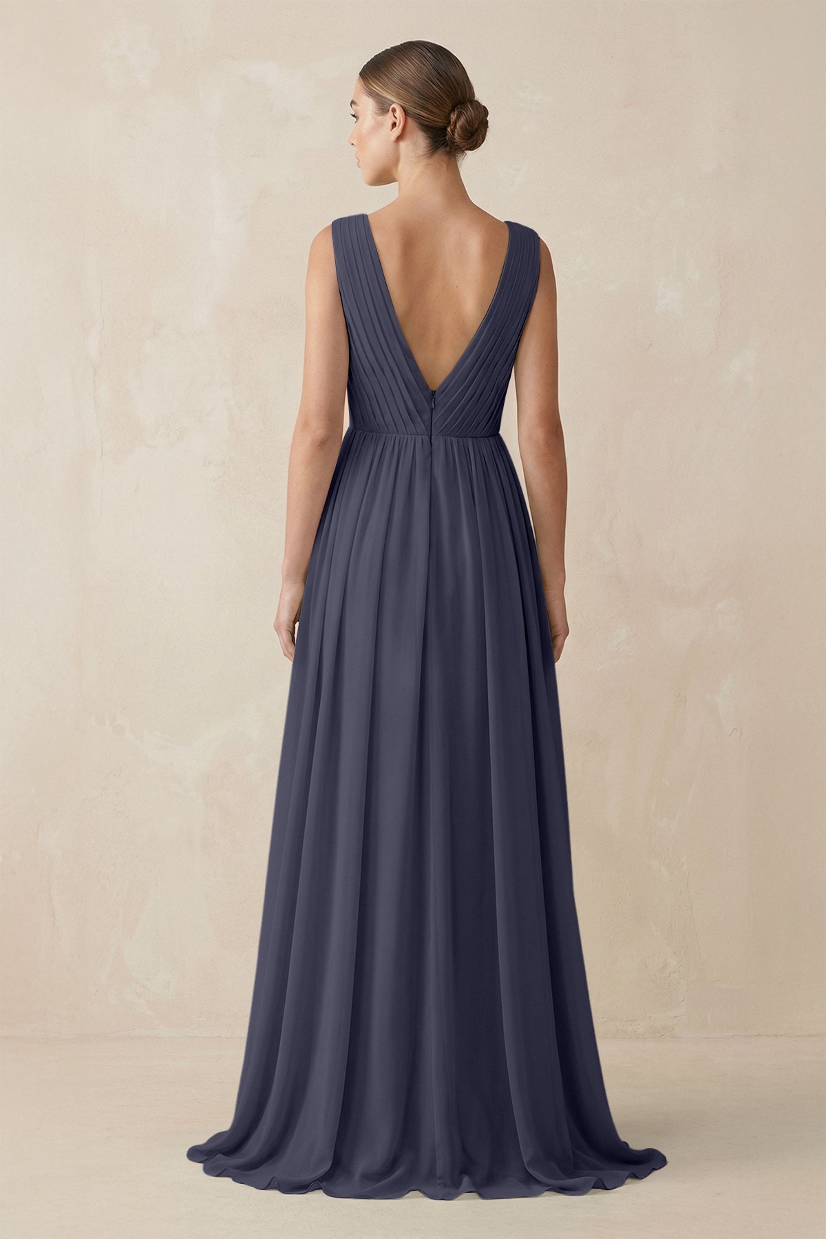 V-Neck Pleated A-Line Chiffon Bridesmaid Dress in Dusk Blue