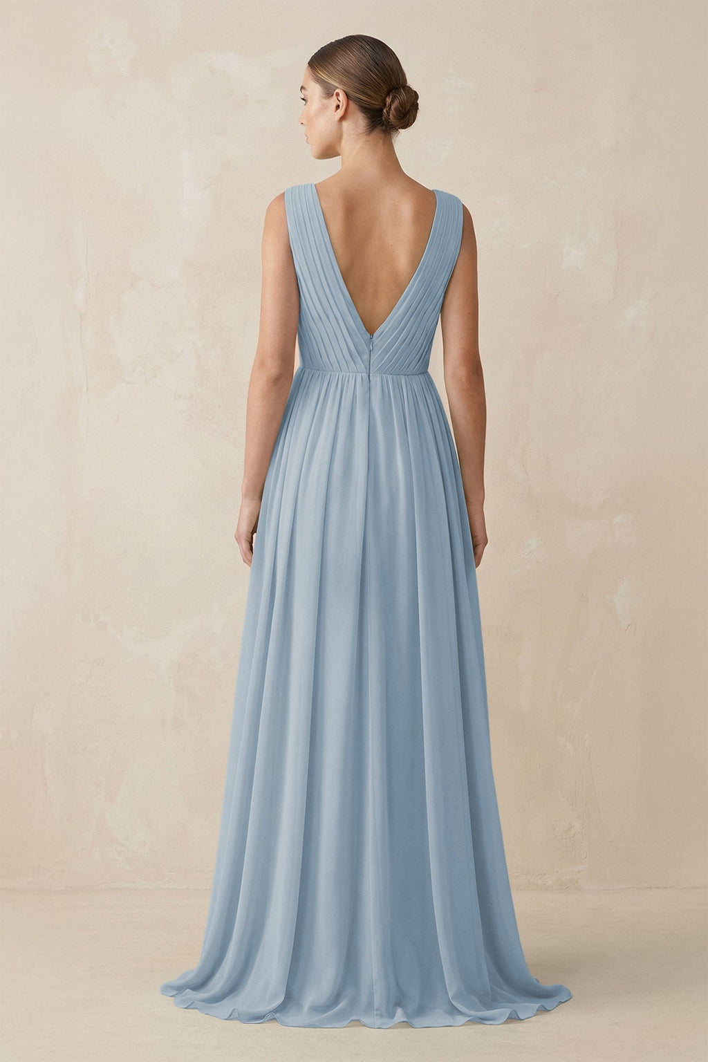 V-Neck Pleated A-Line Chiffon Bridesmaid Dress in Dusty Blue
