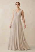 V-Neck Pleated A-Line Chiffon Bridesmaid Dress in Frost