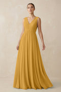V-Neck Pleated A-Line Chiffon Bridesmaid Dress in Marigold