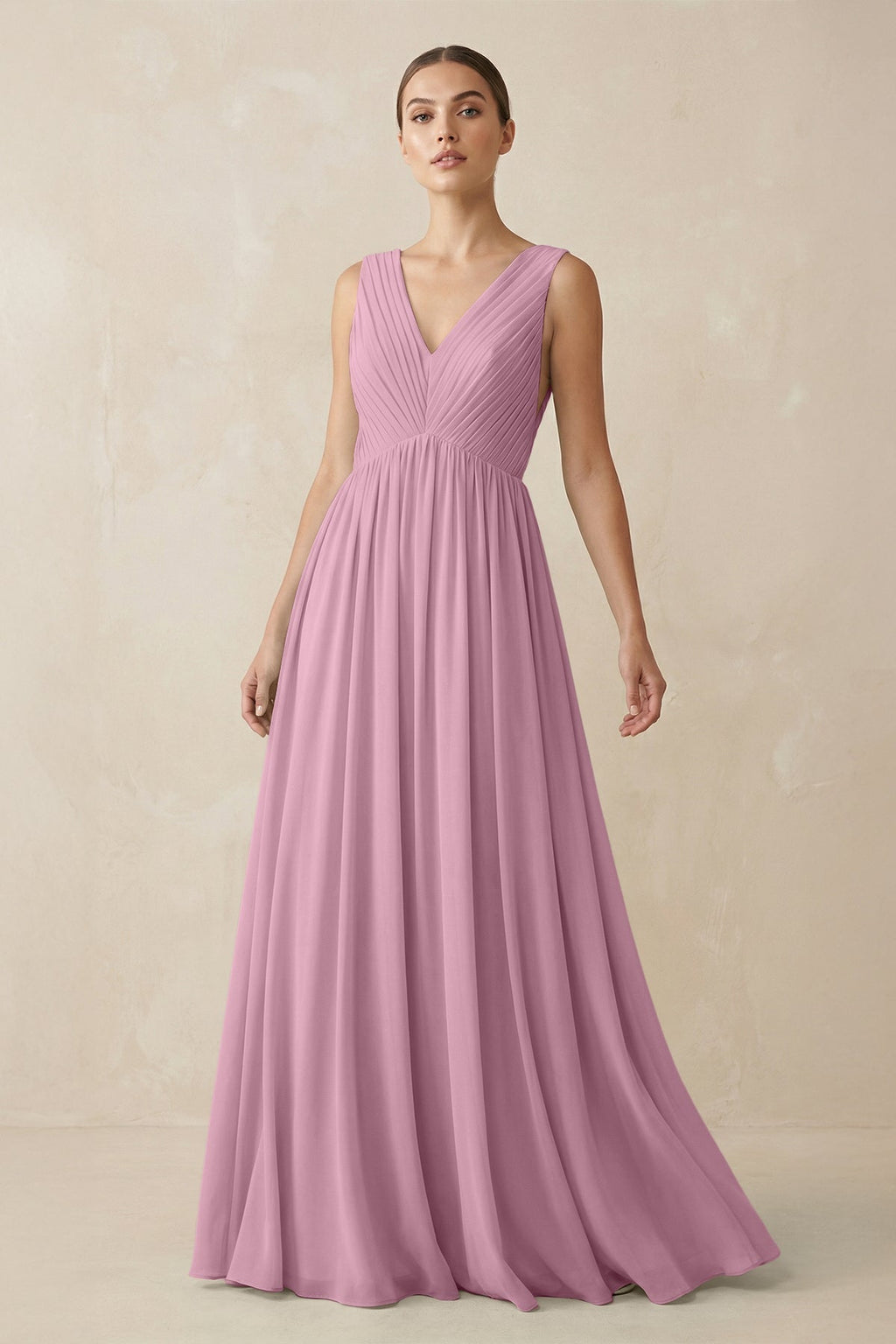 V-Neck Pleated A-Line Chiffon Bridesmaid Dress in Vintage Mauve