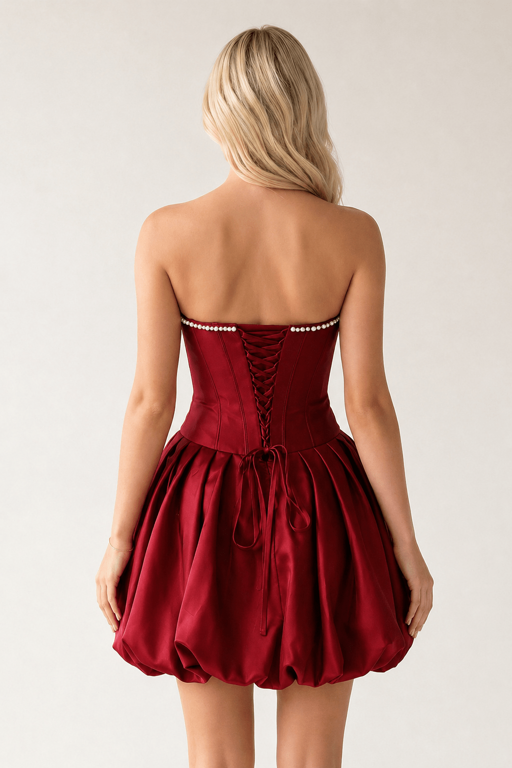 Fuchsia A-Line Bubble Hem Satin Strapless Corset Homecoming Dress