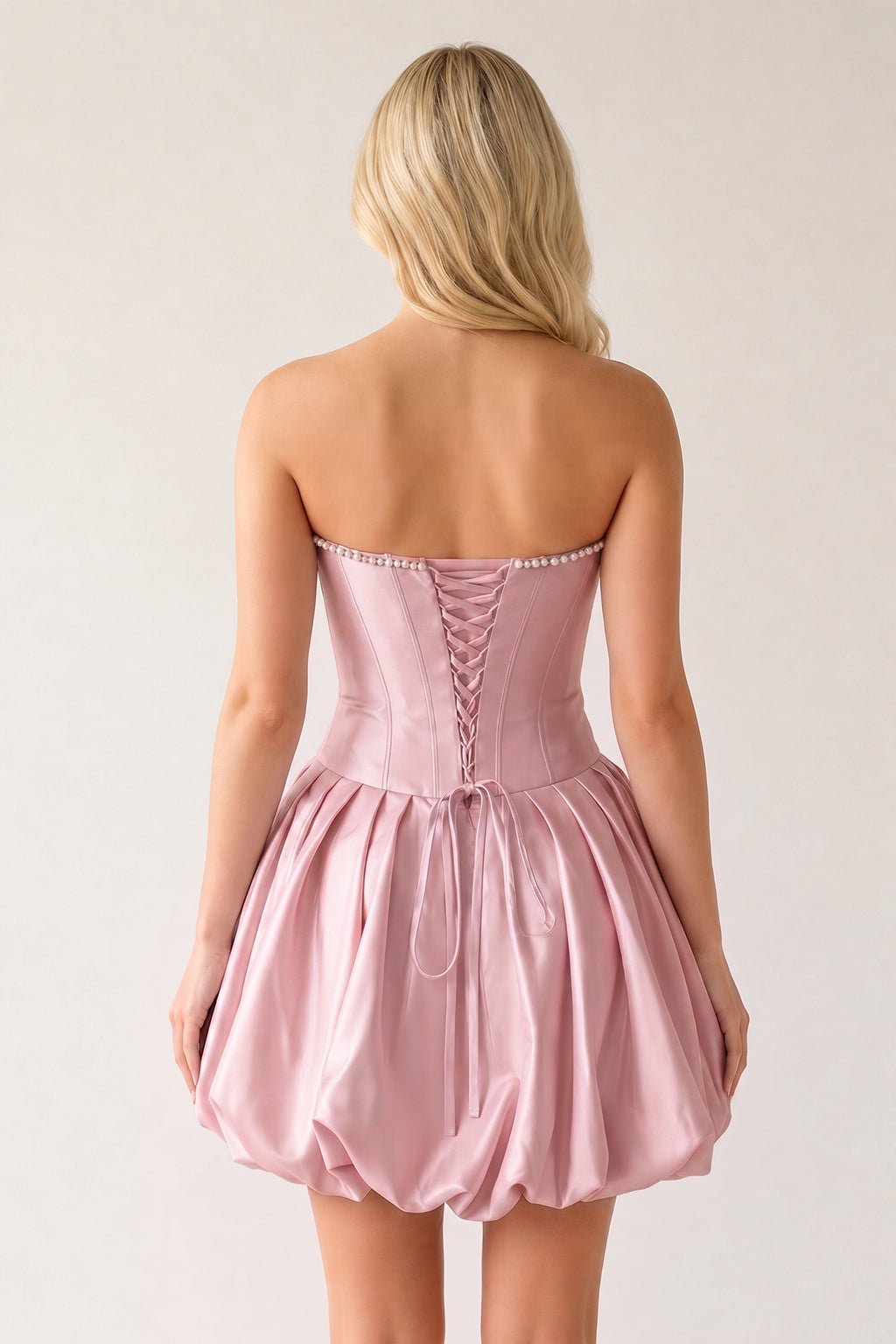 Fuchsia A-Line Bubble Hem Satin Strapless Corset Homecoming Dress