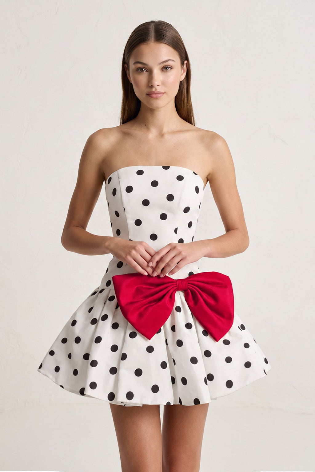 Fuchsia Bowknot A-Line Strapless Polka Dots Satin Homecoming Dress