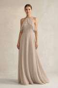 Halter Neck A-Line Chiffon Bridesmaid Dress with Keyhole in Almond
