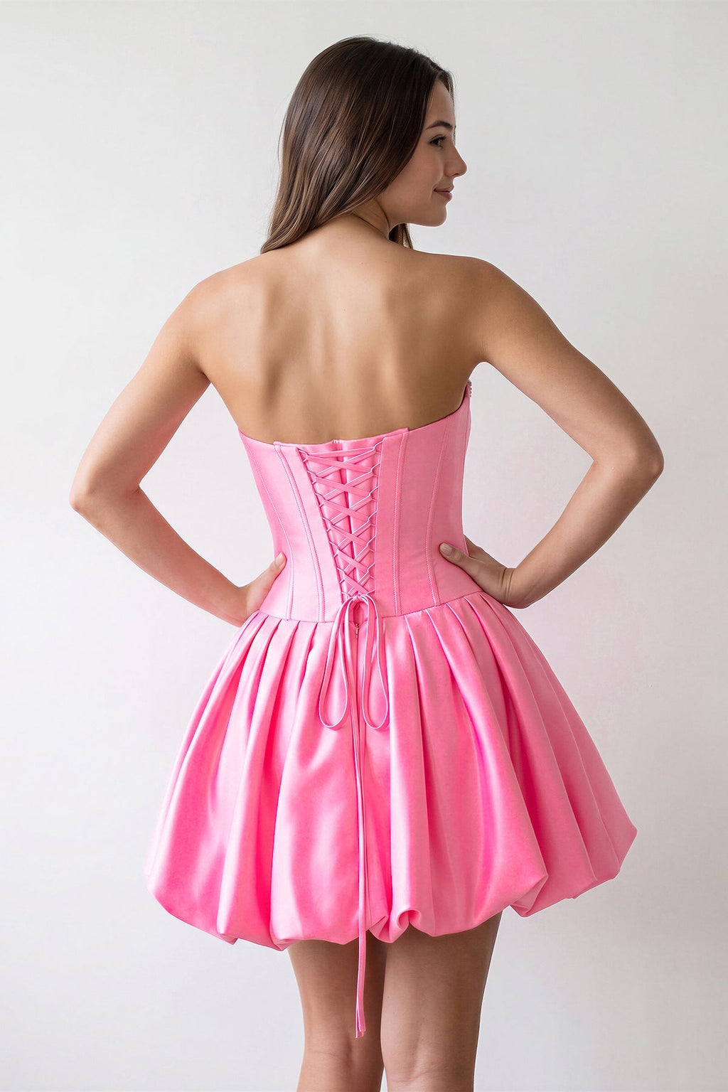 Hot Pink Strapless Satin A-Line Ruched Corset Homecoming Dress with Beading