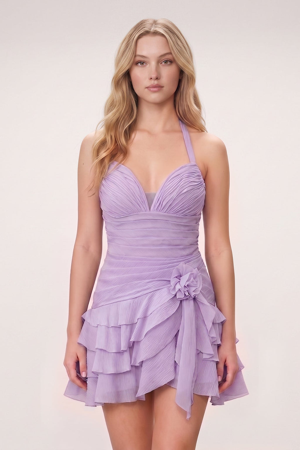 Brown Organza Halter A-Line Pleated Ruffled Homecoming Dress
