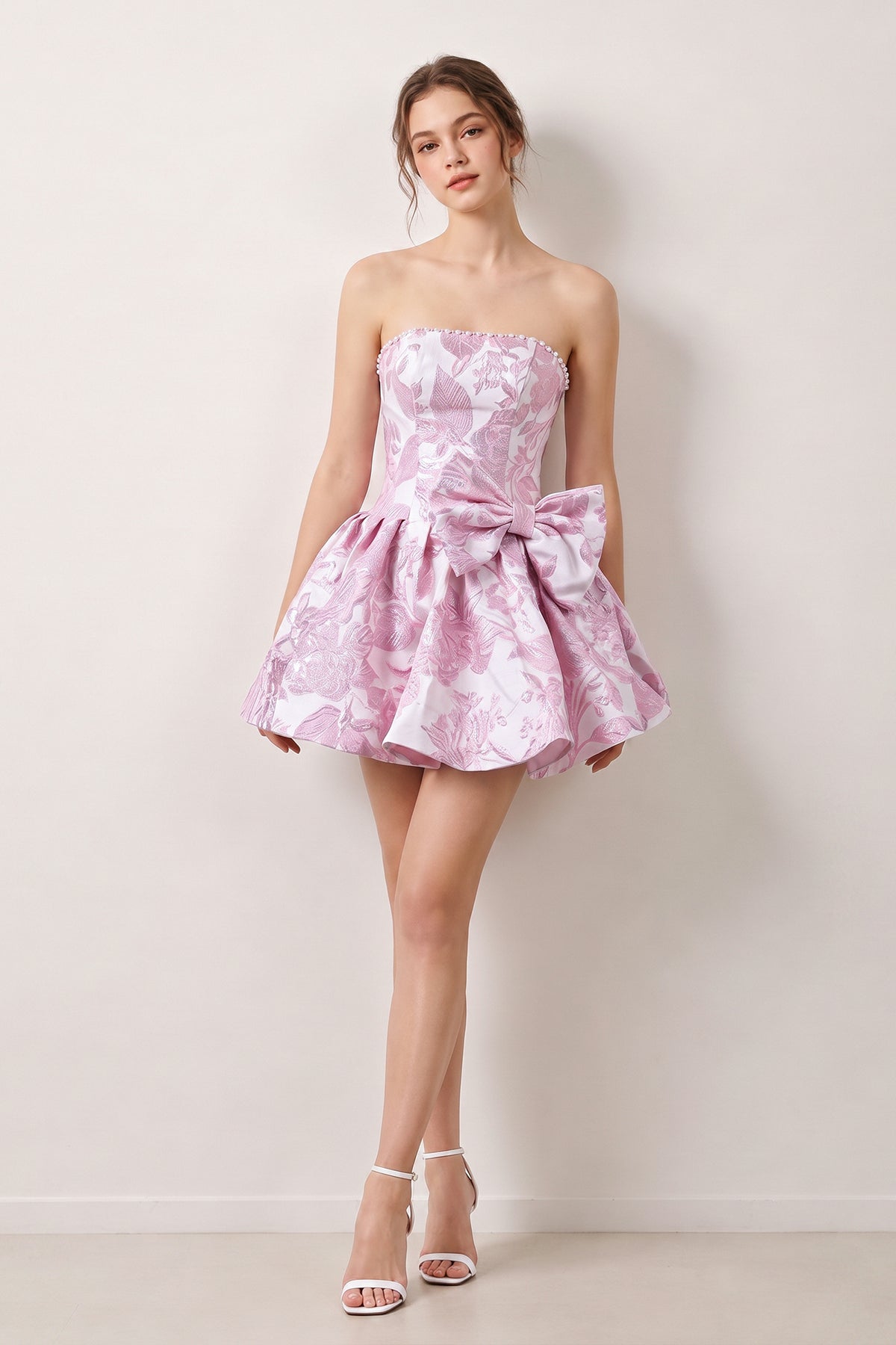 Blue Flower Jacquard Strapless A-Line Bowknot Homecoming Dress With Pearl