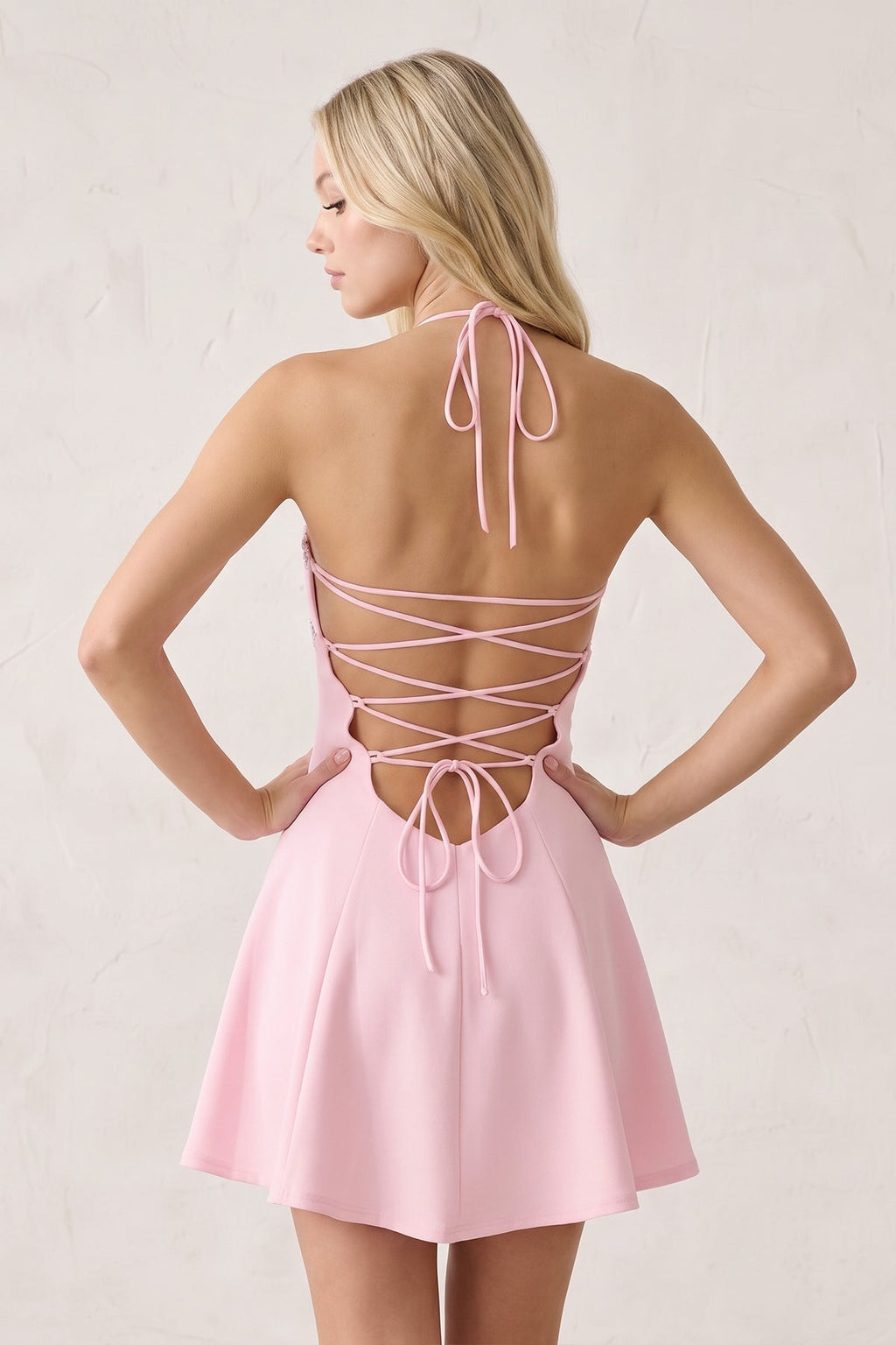 Pink Halter A-Line Embroidery Satin Short Homecoming Dress