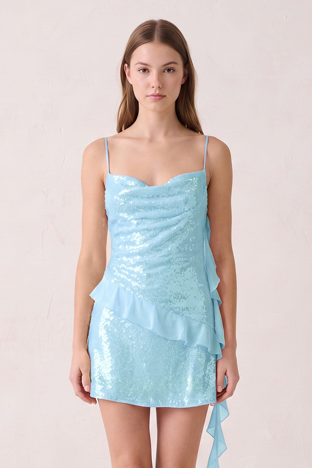 Pink Spaghetti Straps Sequin Ruched Ruffled Sheath Homecoming Dress