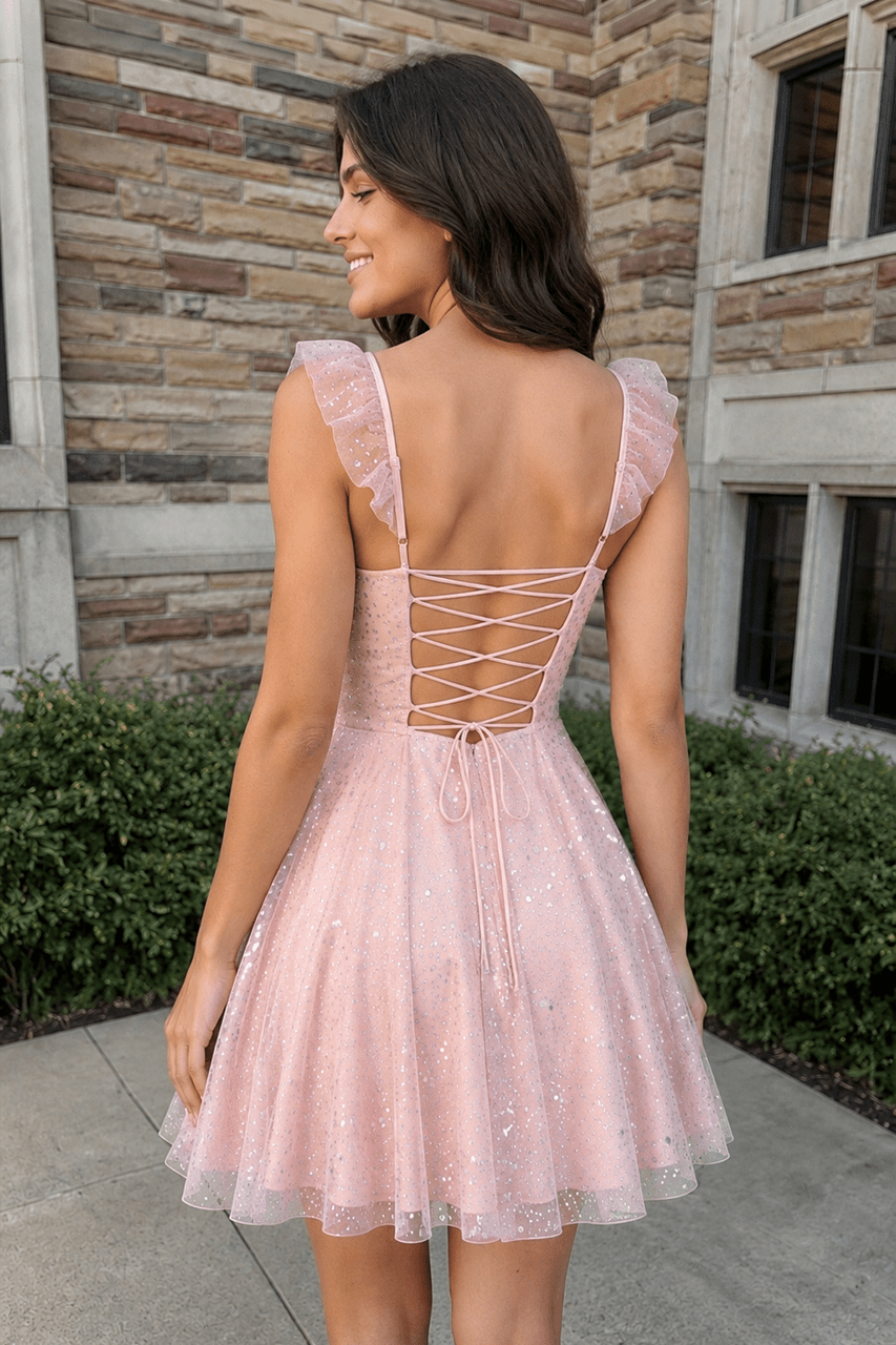 Sparkly Pink A-Line Sequined Homecoming Dress With Flutter Sleeves