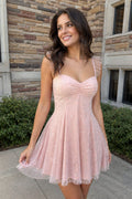 Sparkly Pink A-Line Sequined Homecoming Dress With Flutter Sleeves