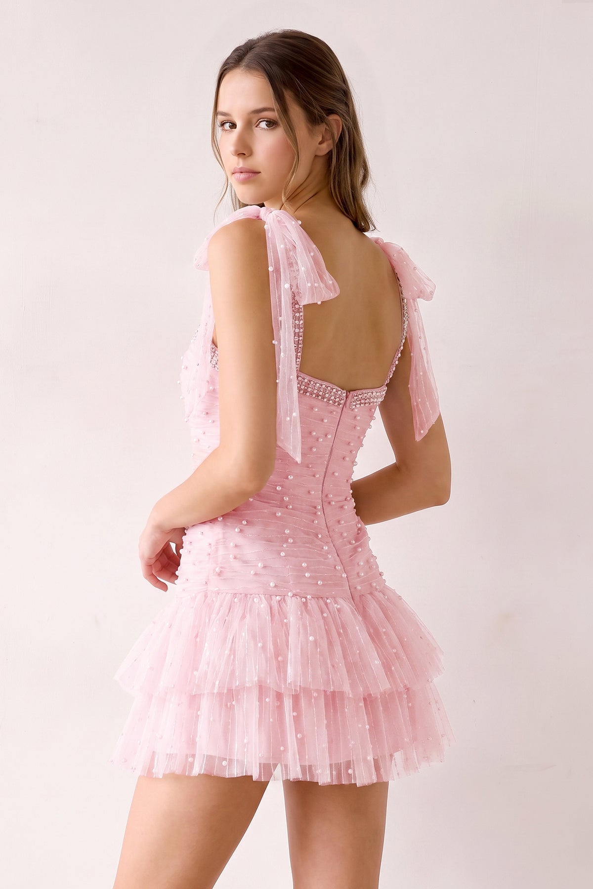 Pink Square Neck A-Line Ruffled Tulle Homecoming Dress with Pearl