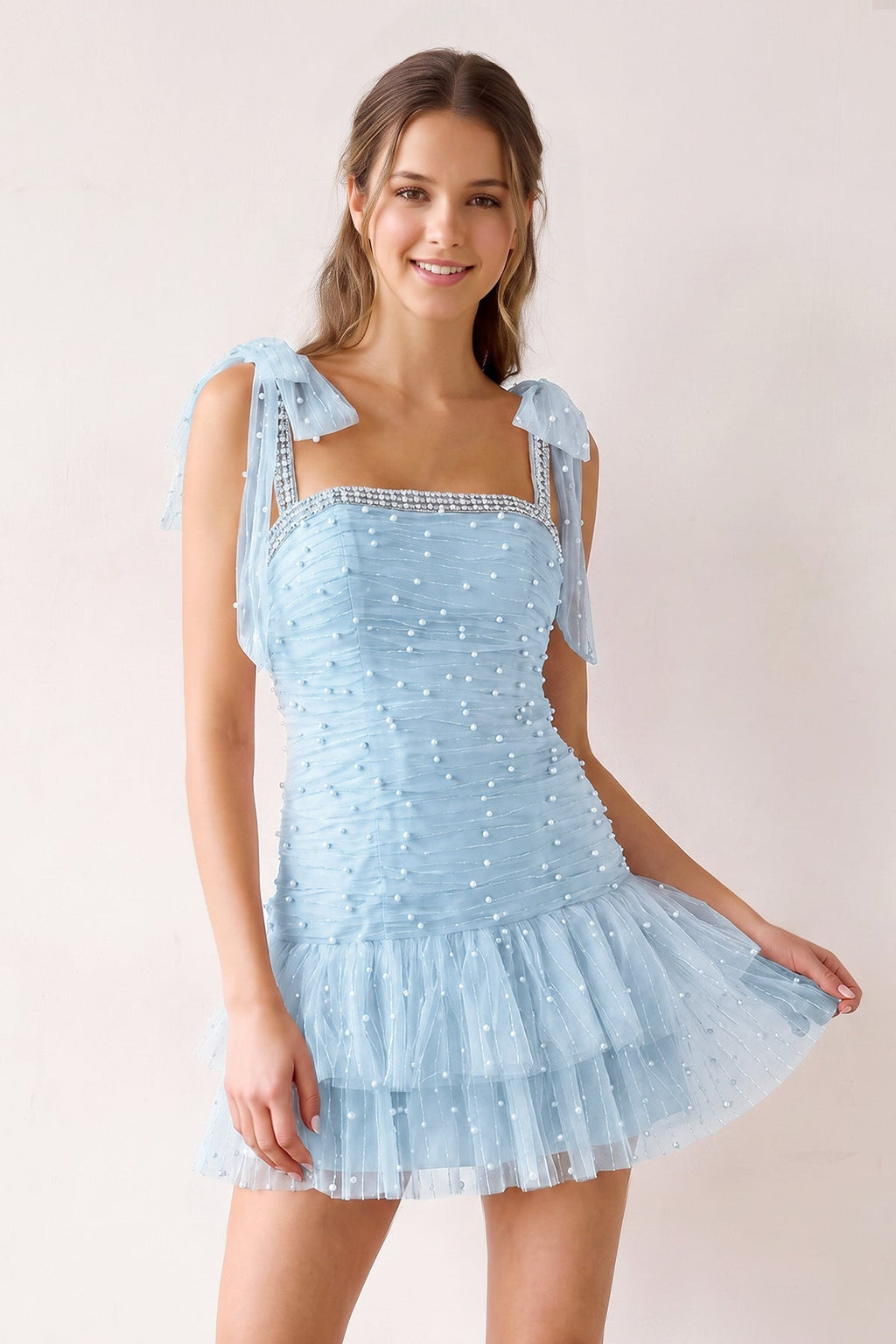 Pink Square Neck A-Line Ruffled Tulle Homecoming Dress with Pearl