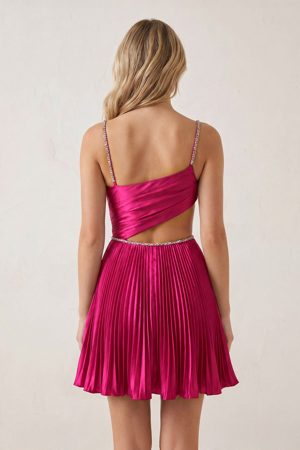 Royal Blue Spaghetti Straps Cut-Out Pleated A-Line Satin Homecoming Dress with Beading
