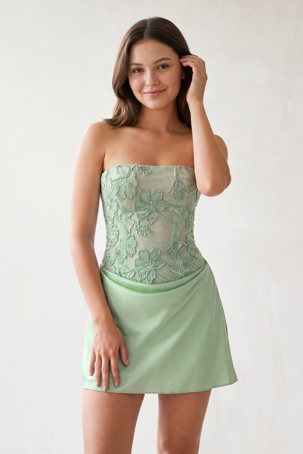 Sky Blue Embroidered A-Line Strapless Satin Homecoming Dress