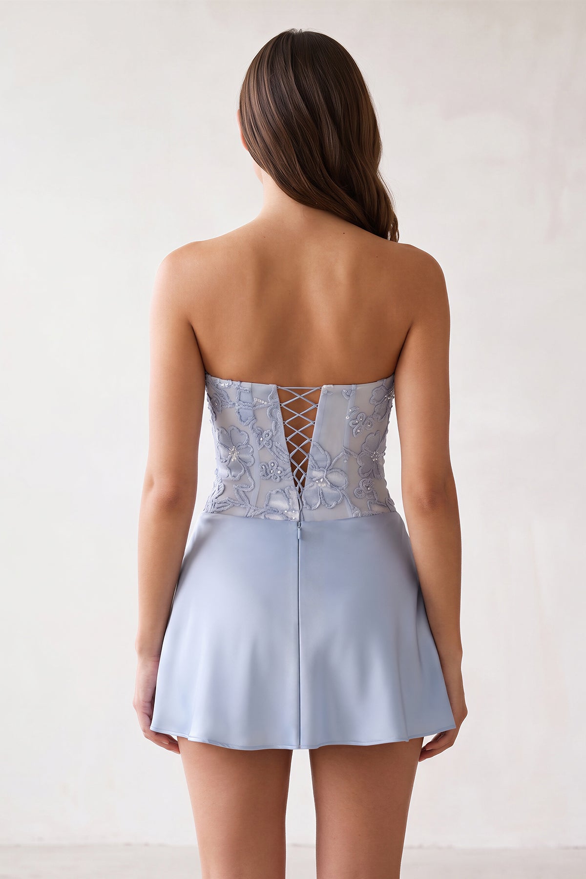 Sky Blue Embroidered A-Line Strapless Satin Homecoming Dress