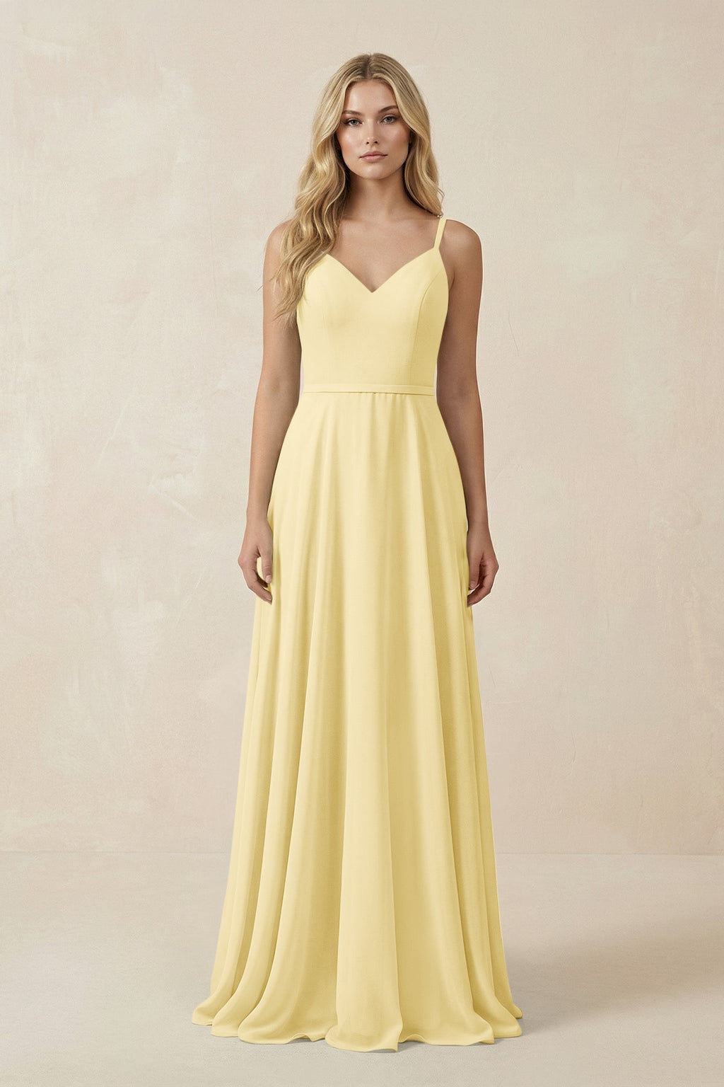 V-Neck A-Line Chiffon Bridesmaid Dress with Crisscross Back in Pastel Yellow