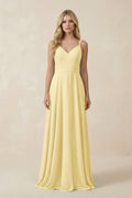 V-Neck A-Line Chiffon Bridesmaid Dress with Crisscross Back in Pastel Yellow