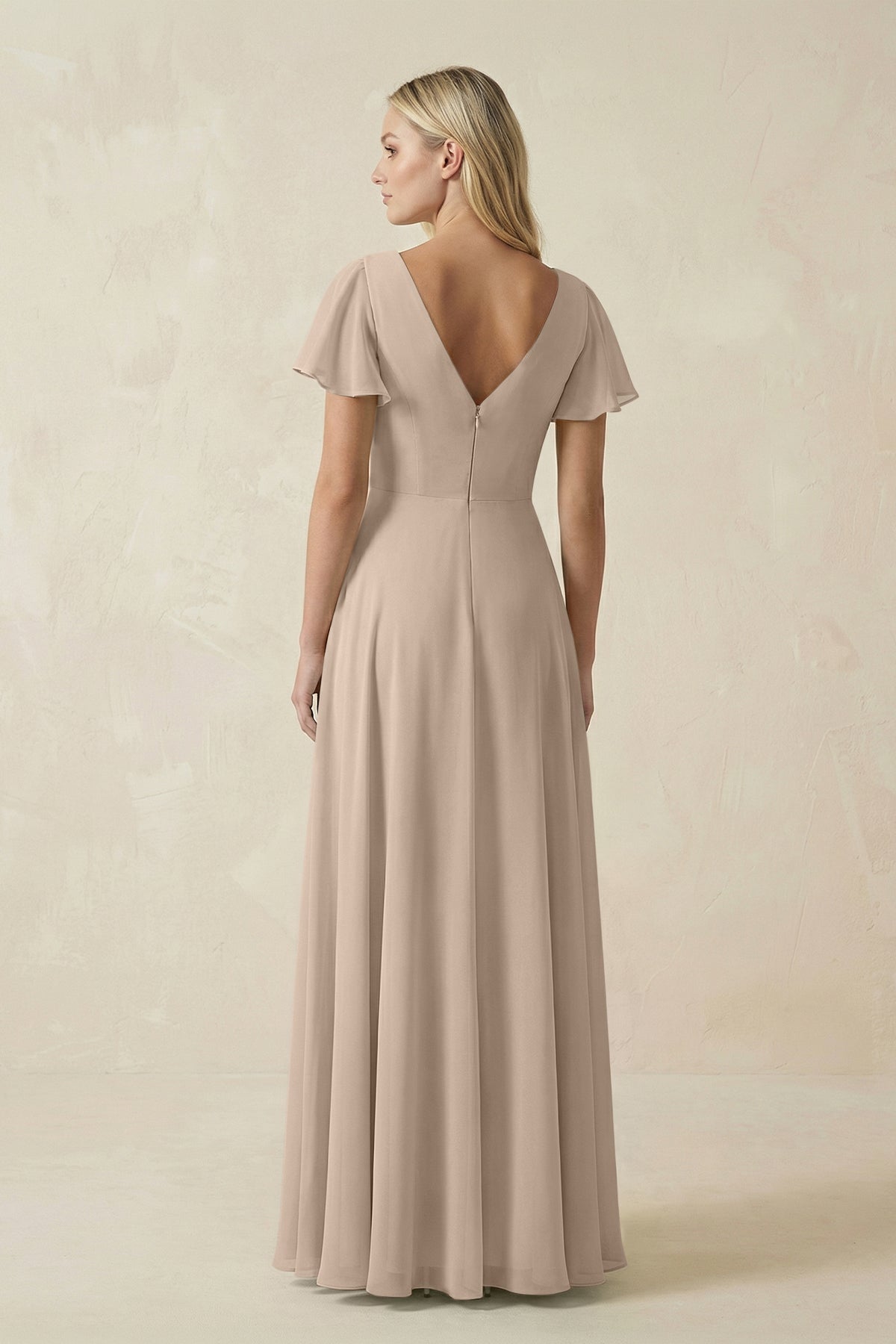 V-Neck Flutter Sleeve A-Line Chiffon Bridesmaid Dress in Almond