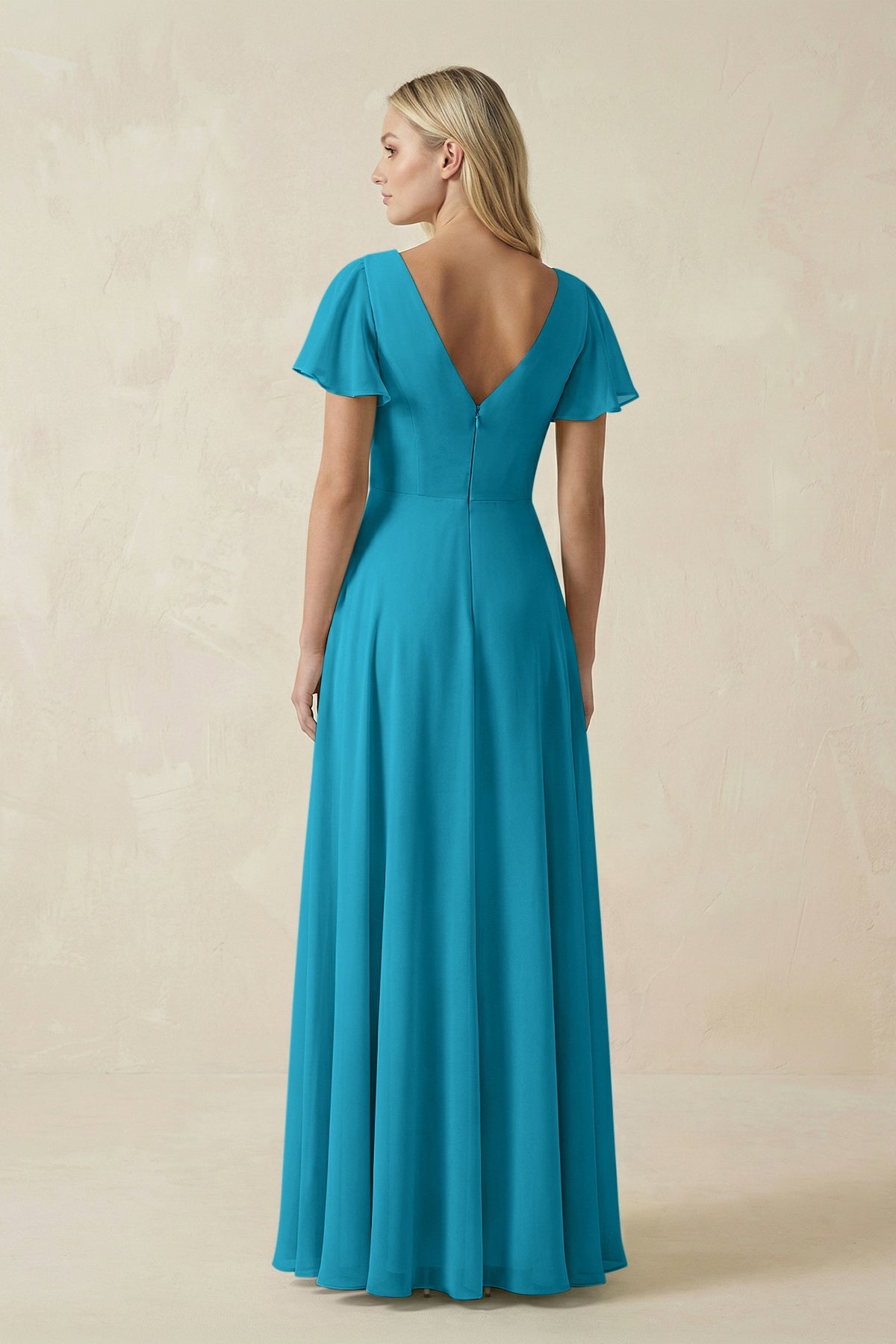 V-Neck Flutter Sleeve A-Line Chiffon Bridesmaid Dress in Blue Jay