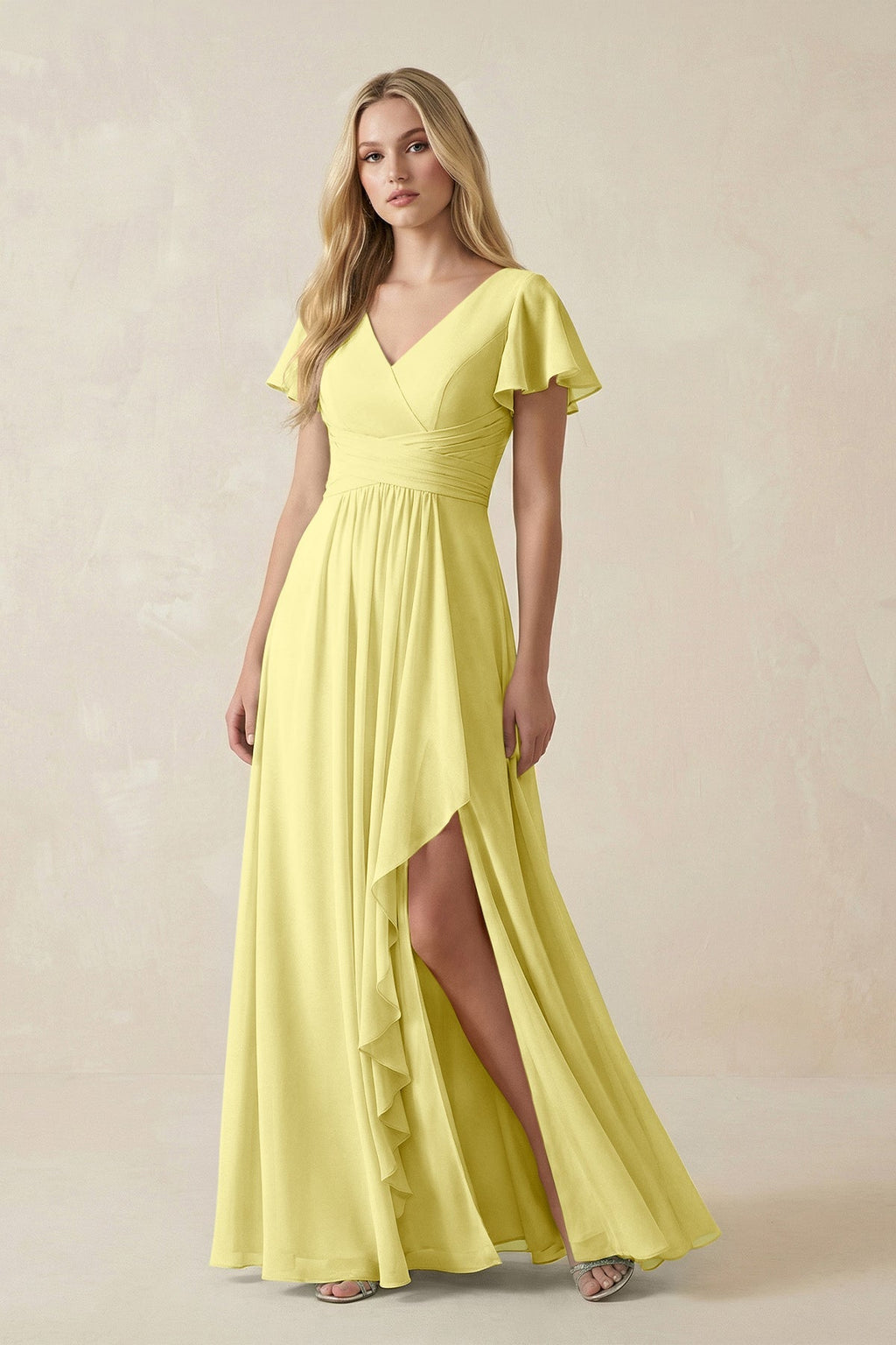 V-Neck Flutter Sleeve A-Line Chiffon Bridesmaid Dress in Buttercup