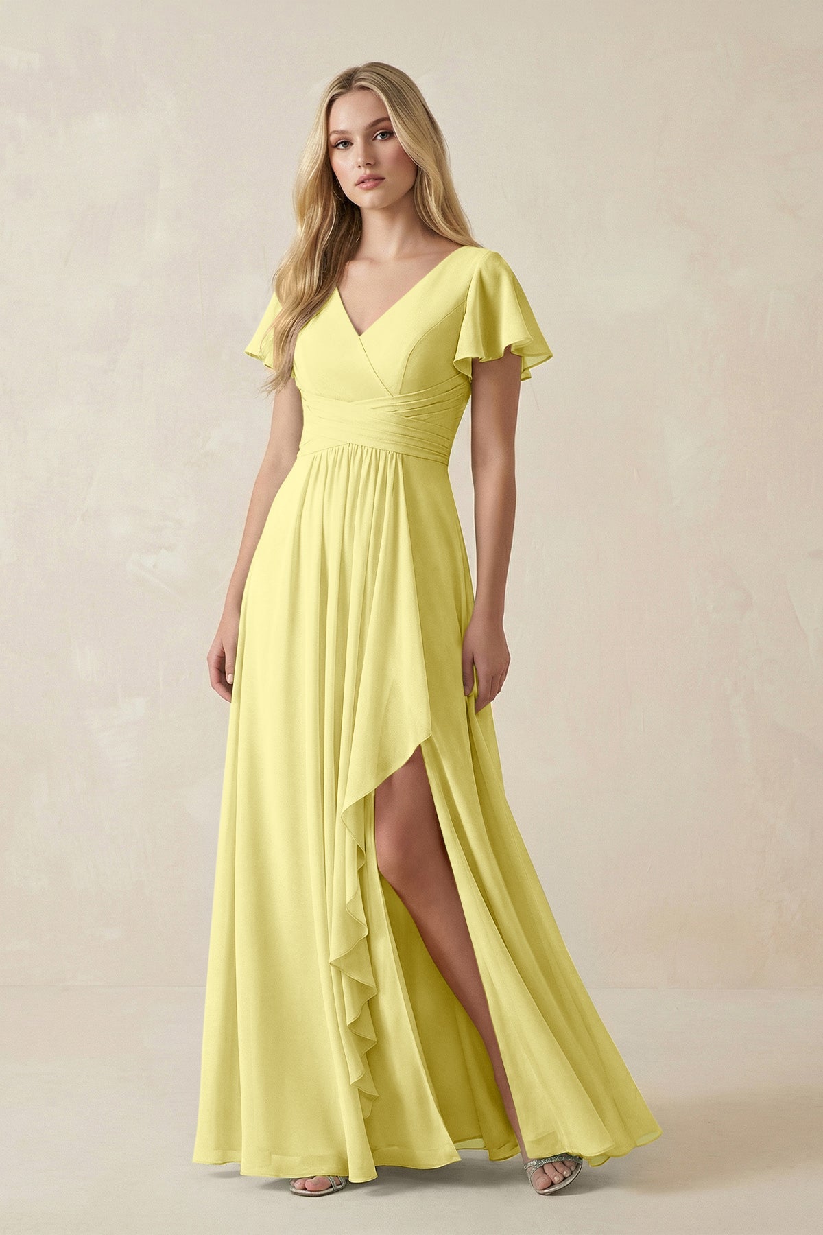 V-Neck Flutter Sleeve A-Line Chiffon Bridesmaid Dress in Buttercup