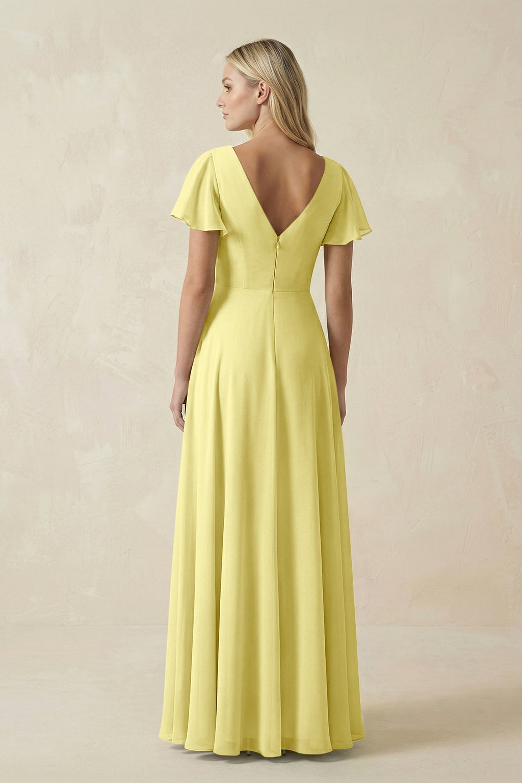 V-Neck Flutter Sleeve A-Line Chiffon Bridesmaid Dress in Buttercup