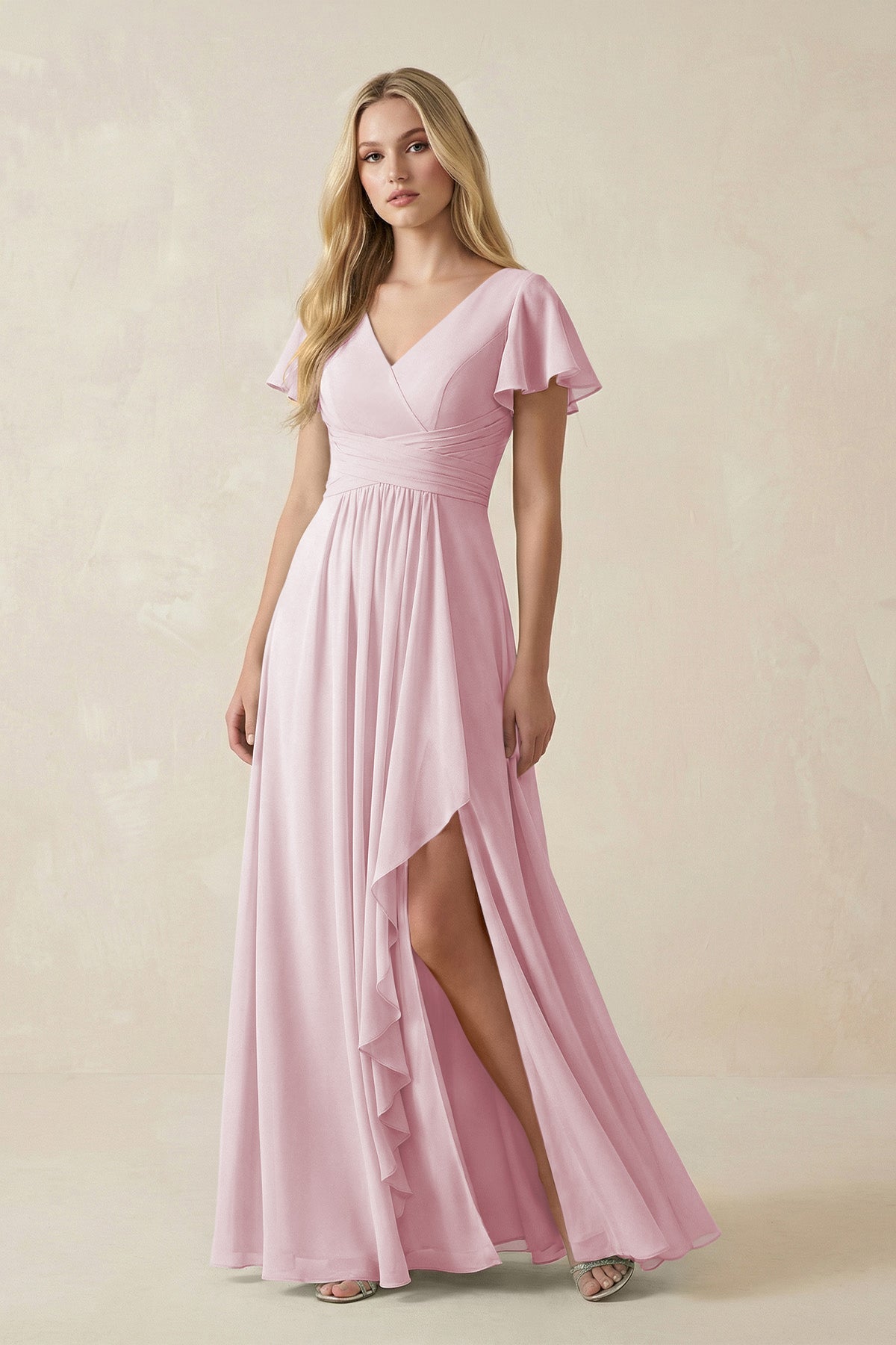 V-Neck Flutter Sleeve A-Line Chiffon Bridesmaid Dress in Candy Pink