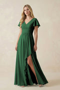 V-Neck Flutter Sleeve A-Line Chiffon Bridesmaid Dress in Dark Green