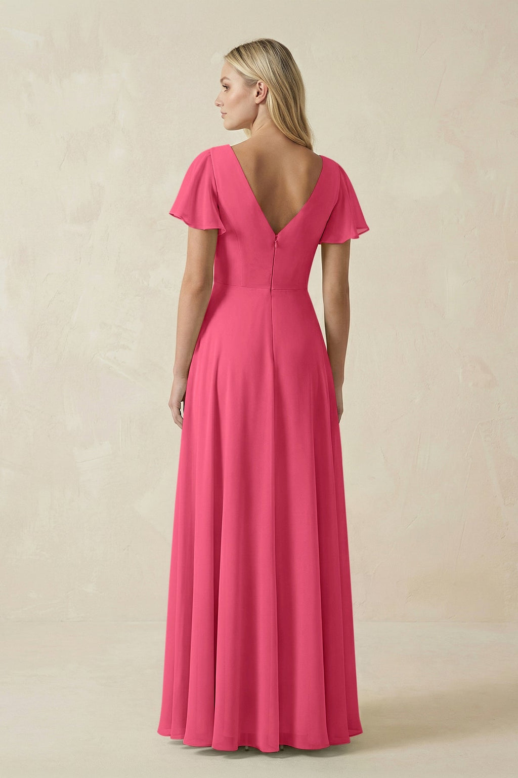 V-Neck Flutter Sleeve A-Line Chiffon Bridesmaid Dress in Fuchsia