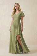 V-Neck Flutter Sleeve A-Line Chiffon Bridesmaid Dress in Moss Green