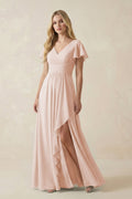 V-Neck Flutter Sleeve A-Line Chiffon Bridesmaid Dress in Pale Blush