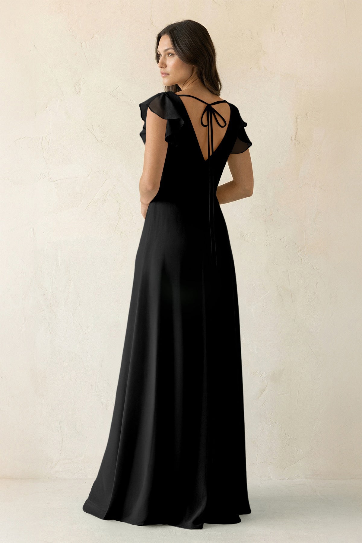 V-Neck Ruffled A-Line Chiffon Bridesmaid Dress in Black