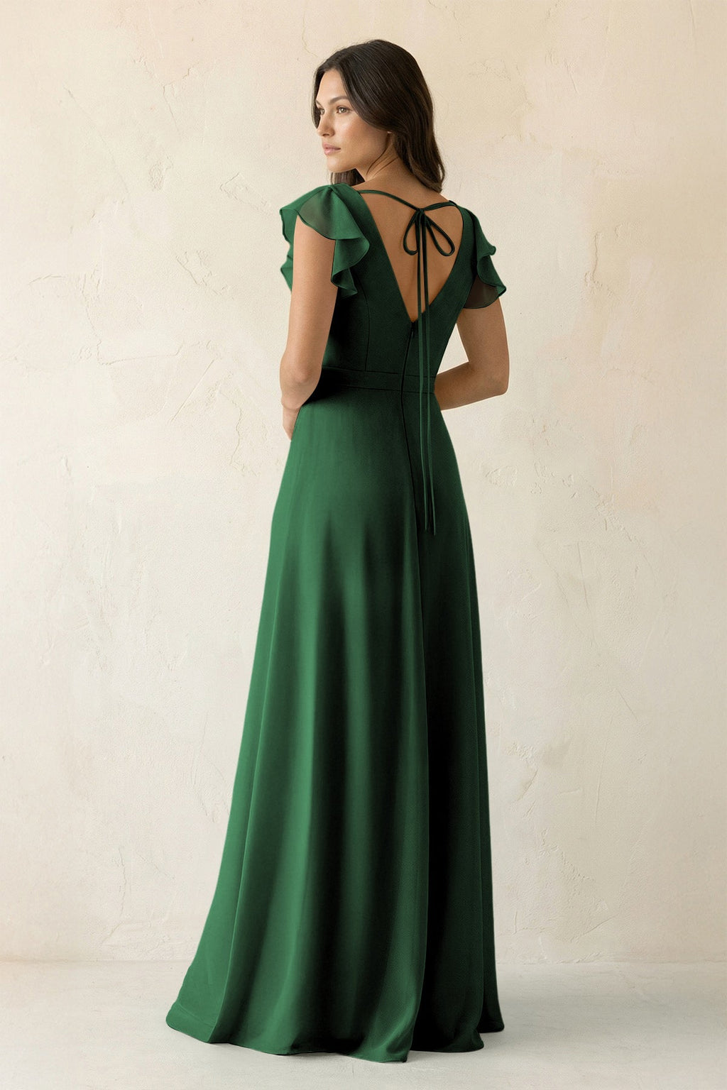 V-Neck Ruffled A-Line Chiffon Bridesmaid Dress in Dark Green