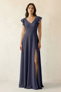 V-Neck Ruffled A-Line Chiffon Bridesmaid Dress in Dusk Blue