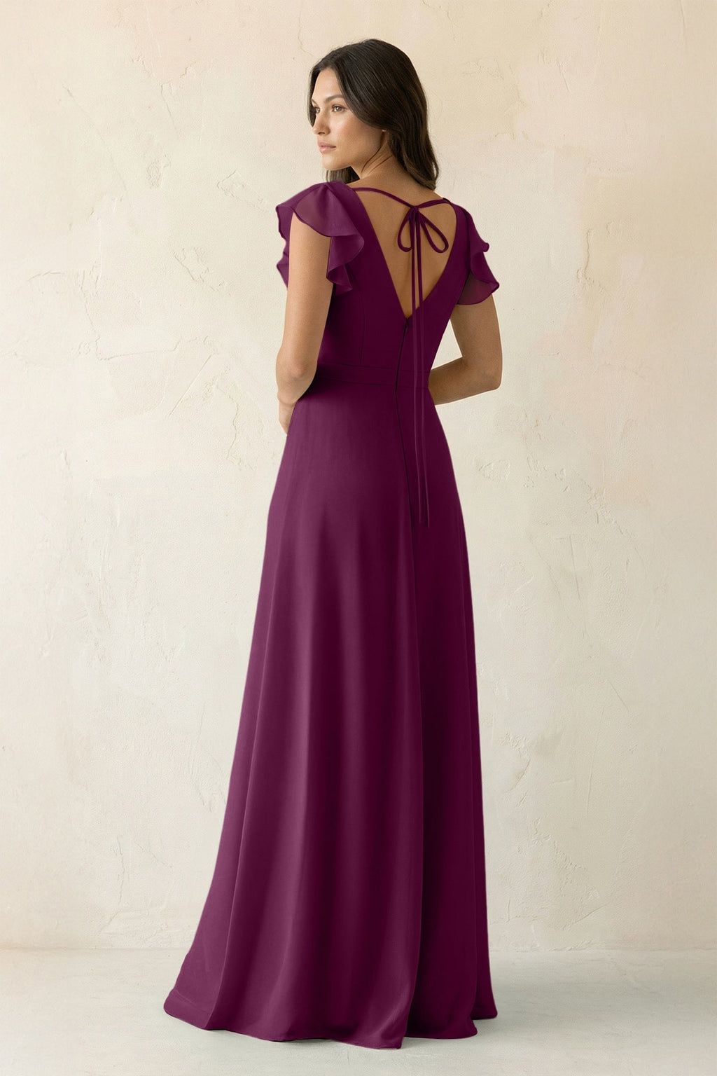 V-Neck Ruffled A-Line Chiffon Bridesmaid Dress in Fig