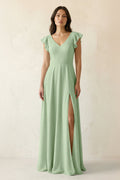 V-Neck Ruffled A-Line Chiffon Bridesmaid Dress in Sage