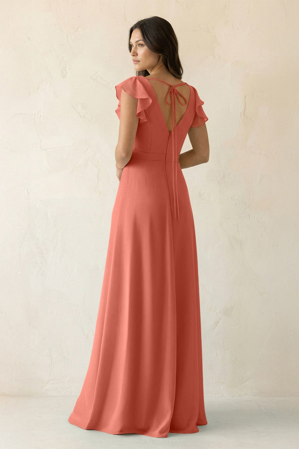V-Neck Ruffled A-Line Chiffon Bridesmaid Dress in Wild Rose
